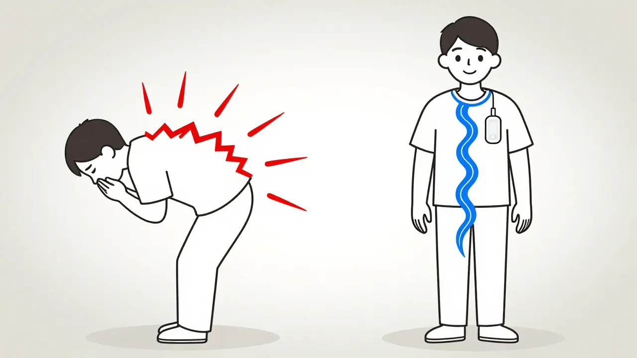 Side-by-side comparison of chronic pain versus relief with spinal cord stimulation, shown through line art.