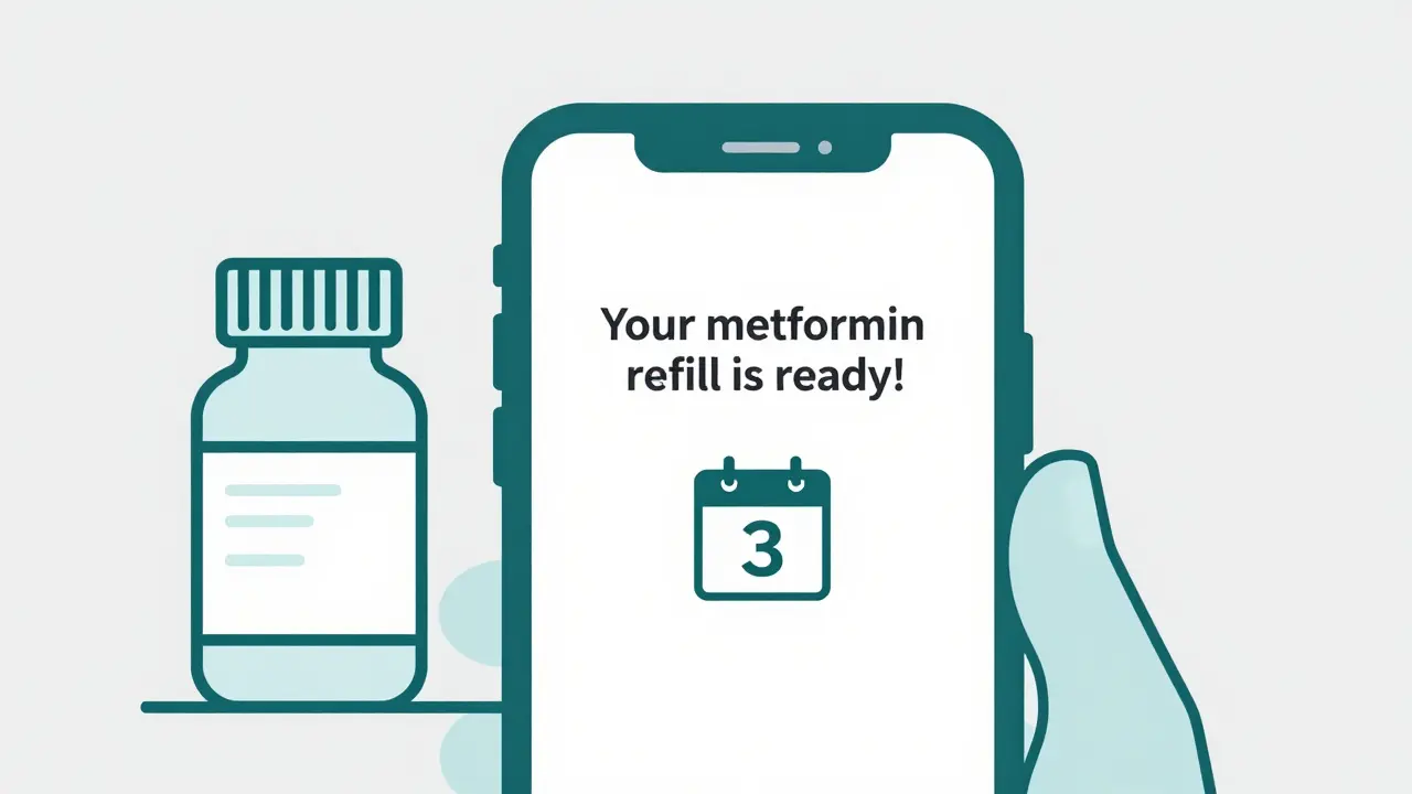 Smartphone notification reminding user to refill medication with pill bottle in background