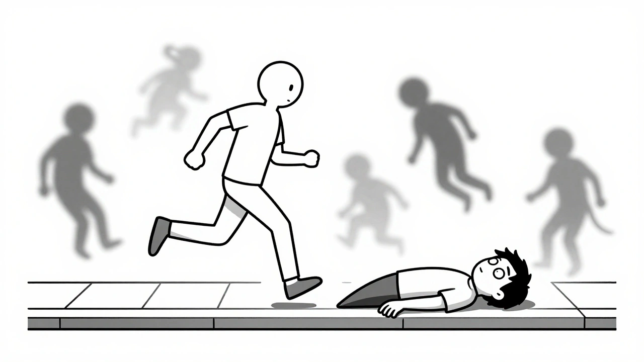 Someone experiencing sudden muscle loss while walking, surrounded by symbolic falling shapes.