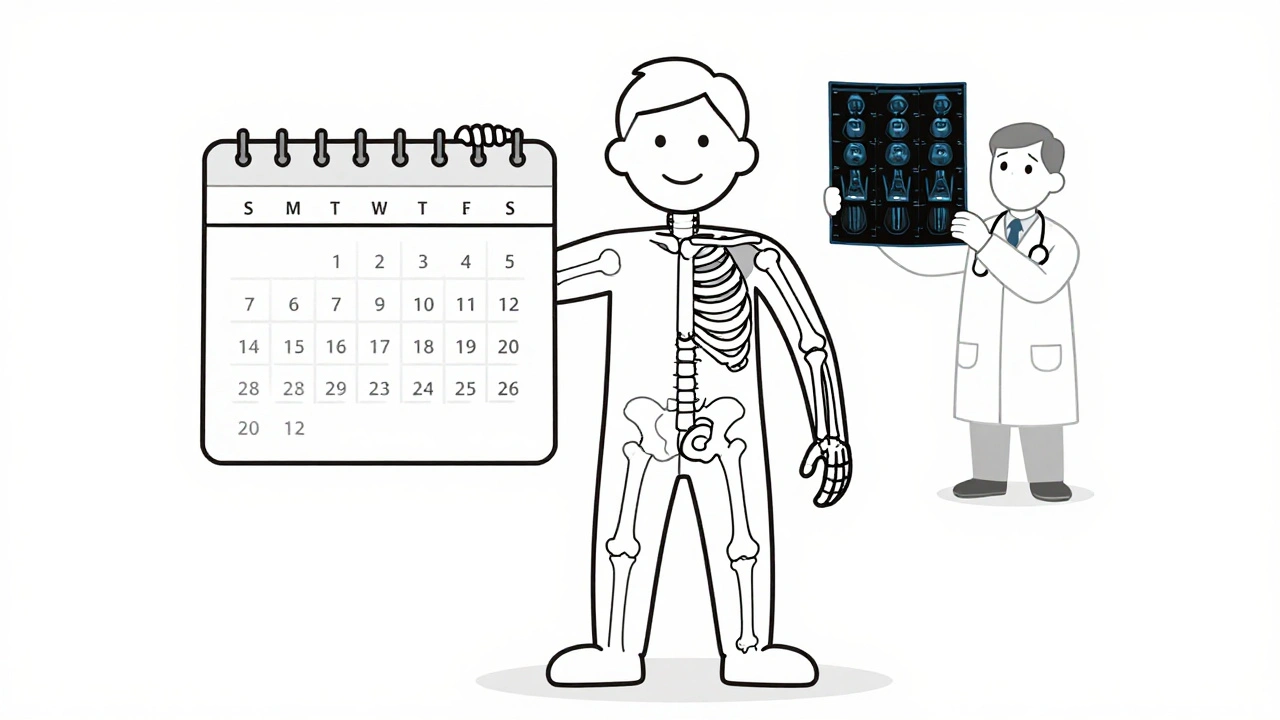 Split-body illustration of a person with healthy vs. steroid-damaged bones, surrounded by a timeline and medical scan.