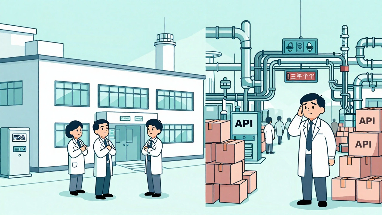 Split scene: clean Indian pharma plant with FDA approval vs. chaotic Chinese factory with warning signs.