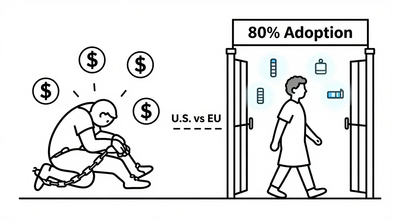 Split scene: U.S. patient trapped in high-cost tier vs. European patient with easy access to biosimilars.