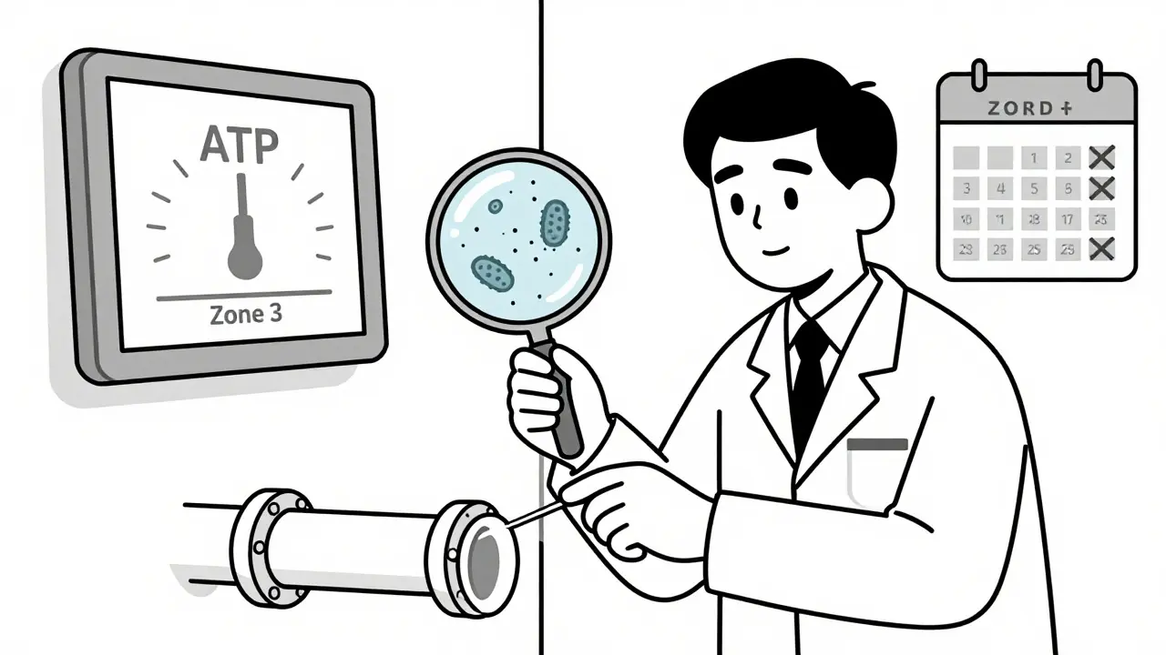 Technician swabbing a drain in Zone 3 while a magnifying glass reveals Listeria bacteria, with test data on a monitor.