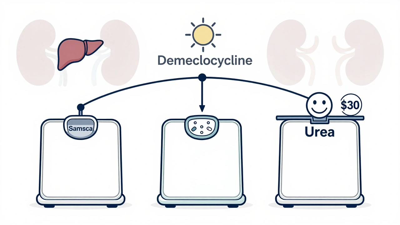 Three medical scales comparing Samsca, demeclocycline, and urea treatments with icons.