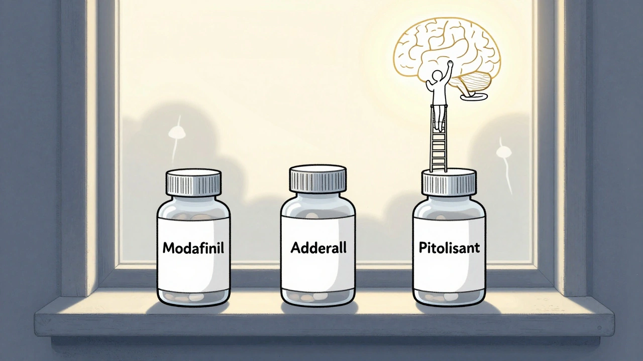 Three narcolepsy medications on a windowsill with a symbolic brain glowing with restored wakefulness.