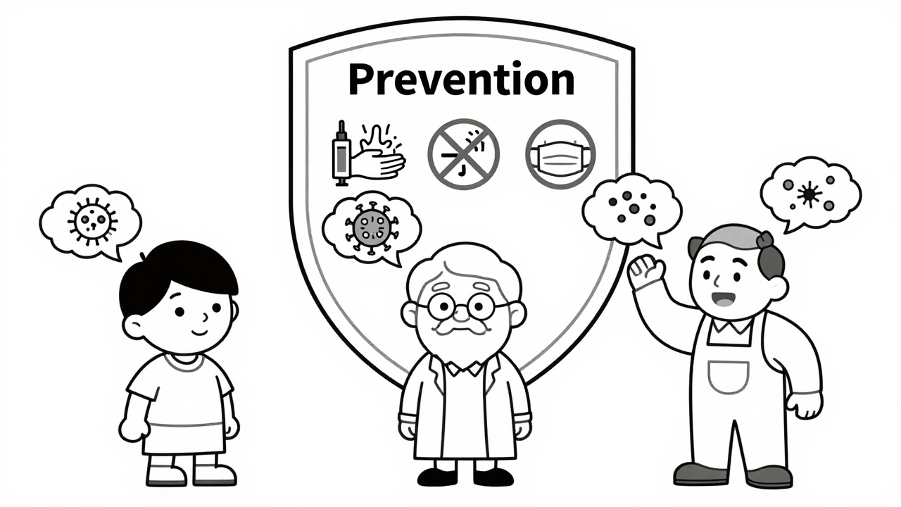 Three people with risk-specific pneumonia clouds above their heads, protected by a prevention shield.