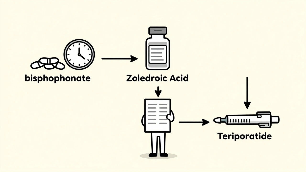 Three treatment pathways illustrated as lines leading to pills, IV infusion, and injection for steroid-induced osteoporosis.
