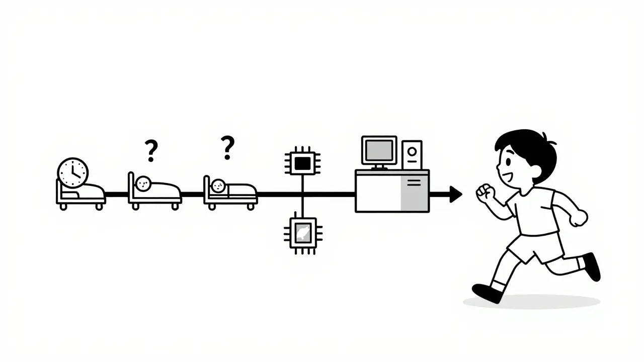 Timeline contrasting delayed diagnosis with fast-track immune testing and healthy outcome.