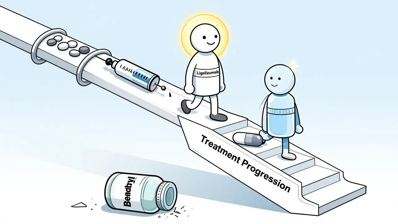 Treatment progression from antihistamines to next-gen biologics like ligelizumab.