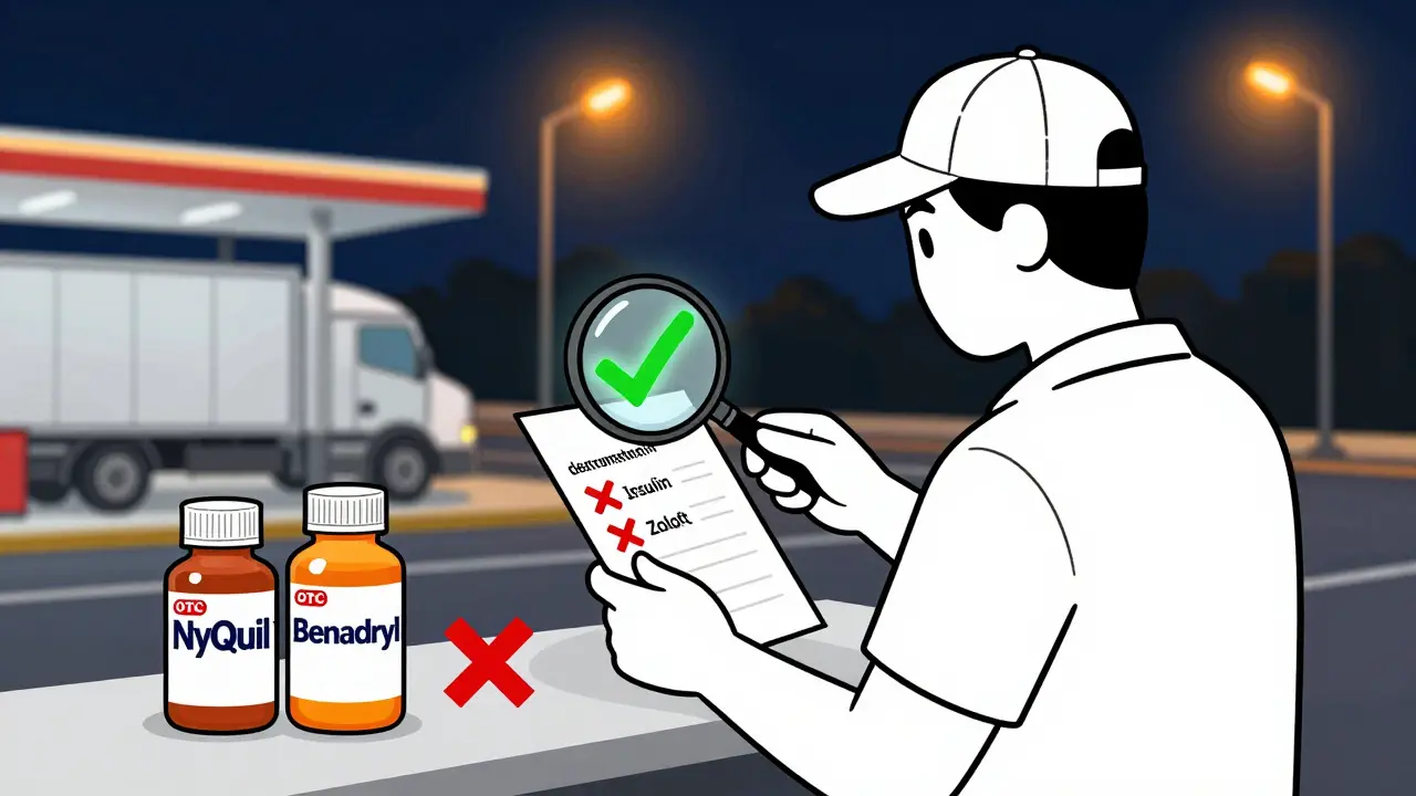 Trucker checking OTC meds at rest stop with green and red indicators for safe and unsafe drugs