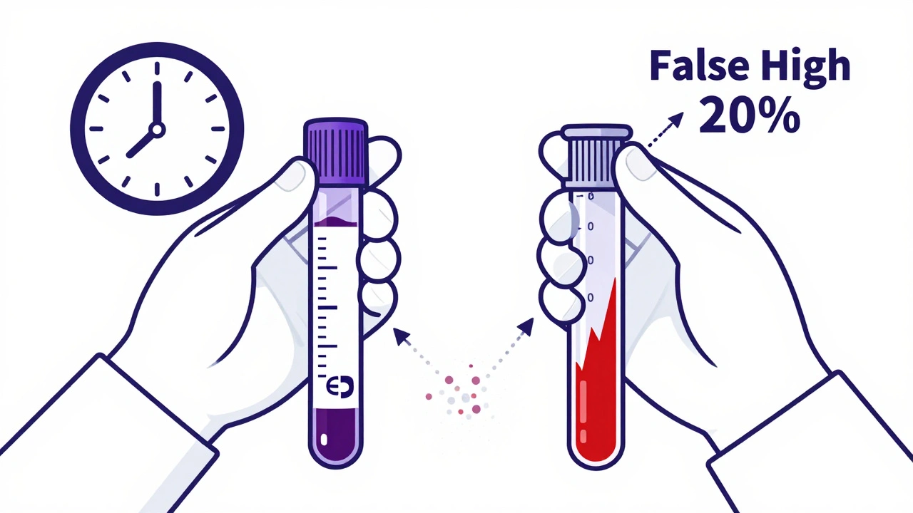 Two blood vials side by side: one accurate EDTA tube and one falsely high serum tube, with timing indicators.