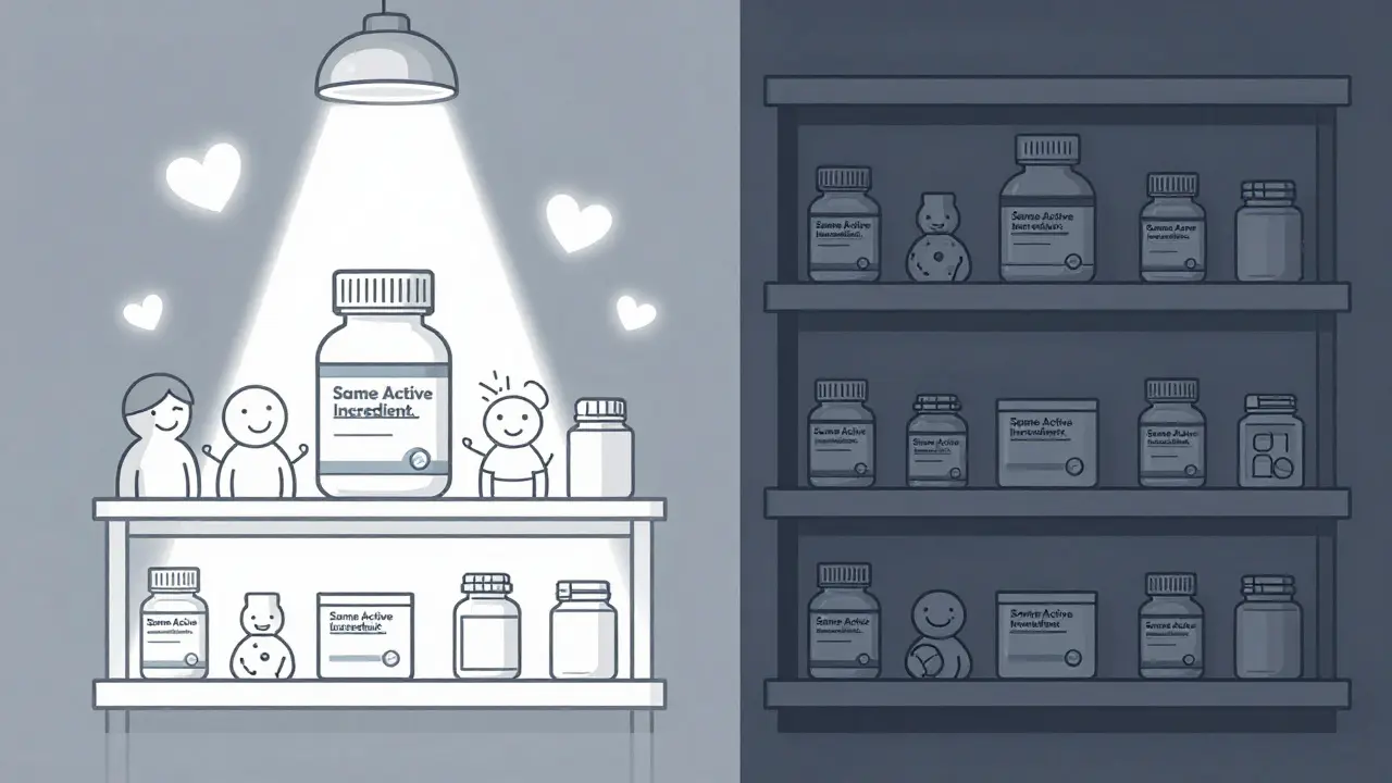 Two pharmacy shelves: one bright with a spotlight on a branded pill, the other dim with a plain bottle labeled 'Same Active Ingredient'.