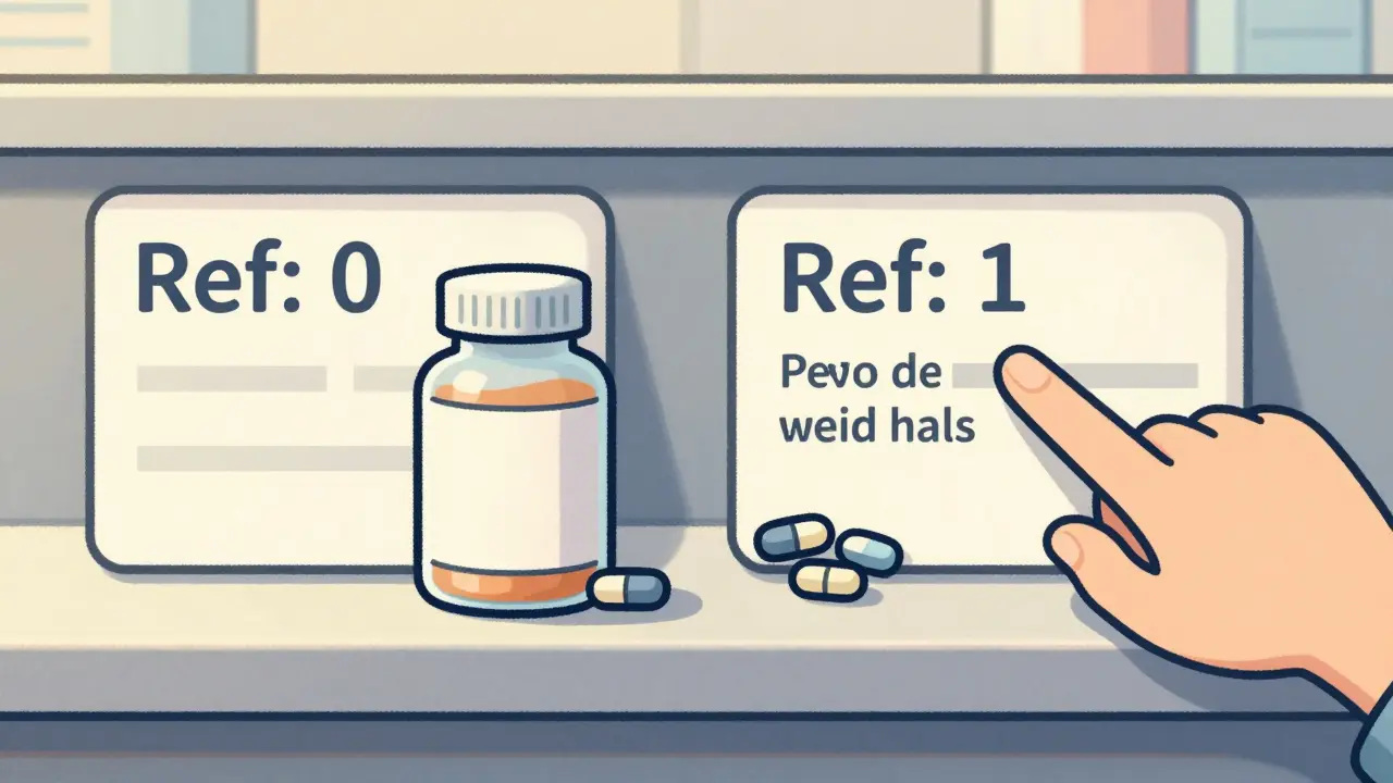 Two prescription labels showing different refill counts beside pill bottles