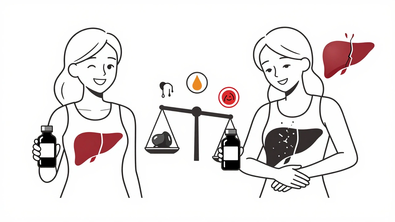 Two women side by side: one healthy, one with liver damage, both using the same supplement.