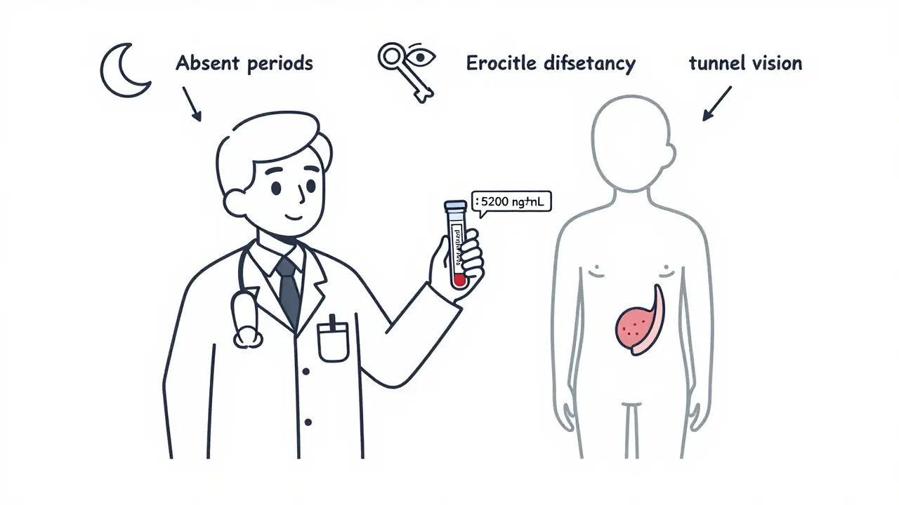 A blood test showing extremely high prolactin levels with icons representing symptoms like vision loss and low libido.