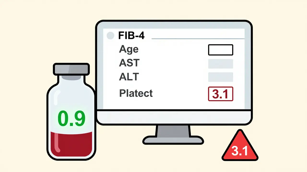 A blood vial and computer screen display a low FIB-4 score, indicating low risk of liver fibrosis.