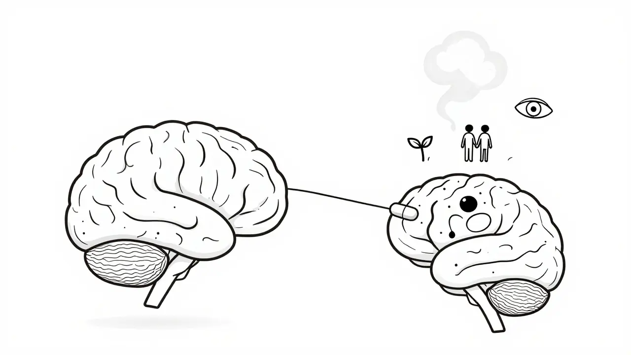 A cabergoline pill dissolving a pituitary tumor, restoring health symbols like fertility, vision, and bone strength.