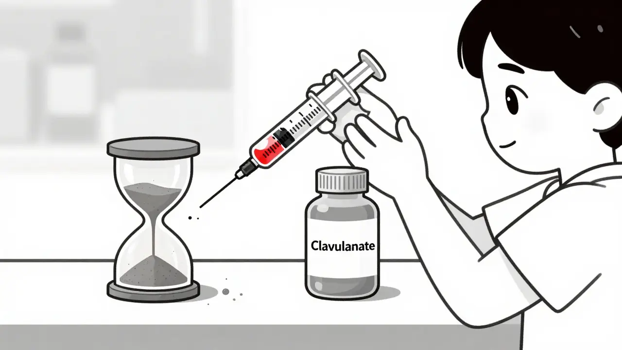 A child using a syringe while a clavulanate component decays faster than amoxicillin.