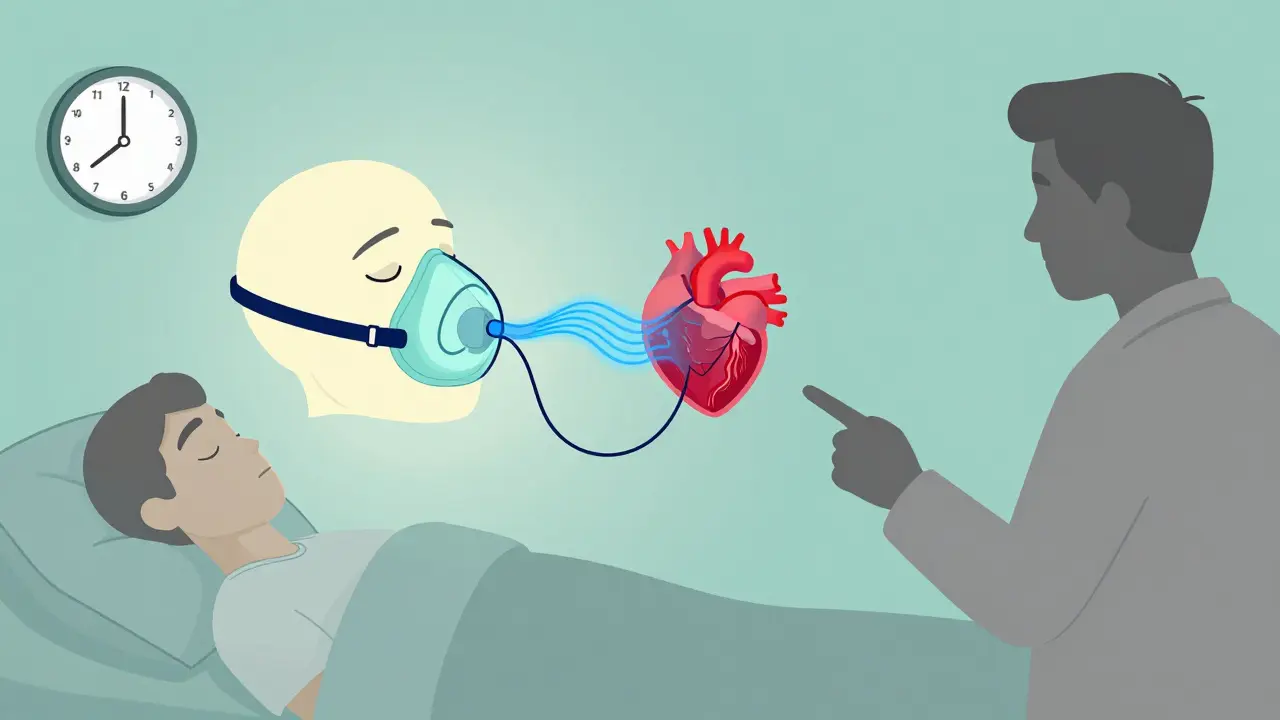 A CPAP mask delivering calm oxygen flow to a sleeping person's heart at 3 AM.