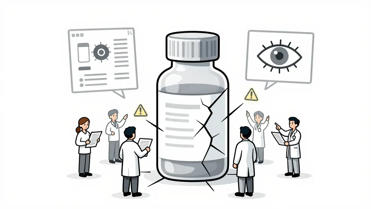 A cracked medicine bottle with warning signs and people reporting adverse events.