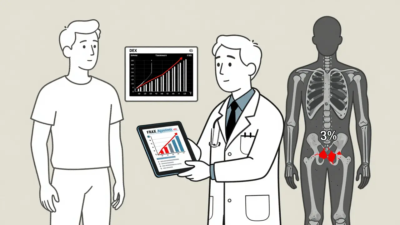 A doctor viewing FRAX and TBS data on a tablet beside a patient's DEXA scan.