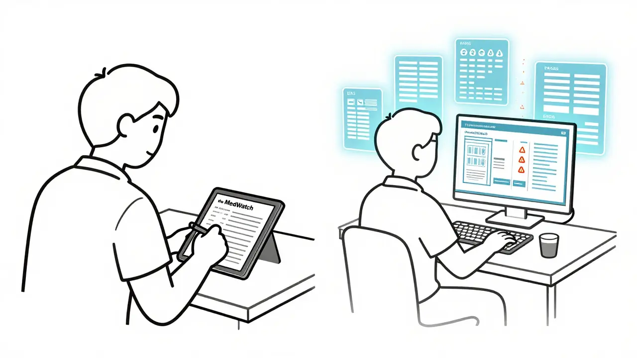 A patient reporting online while an analyst monitors data streams in the background.