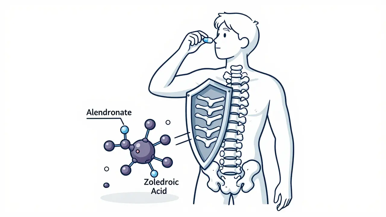A person protected by a bone shield as bisphosphonate molecules block bone-damaging cells.