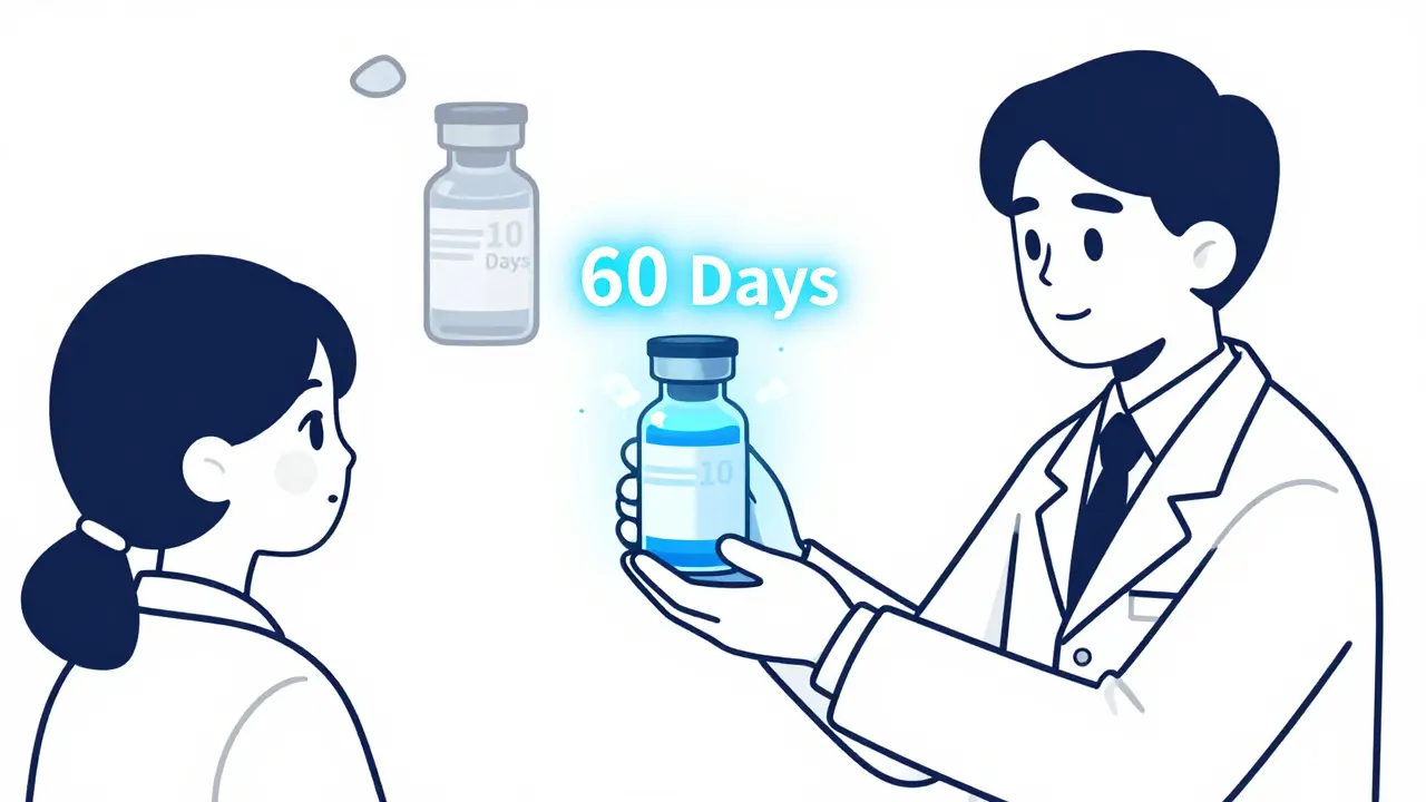 A pharmacist handing a frozen antibiotic bottle with a 60-day expiration timer.