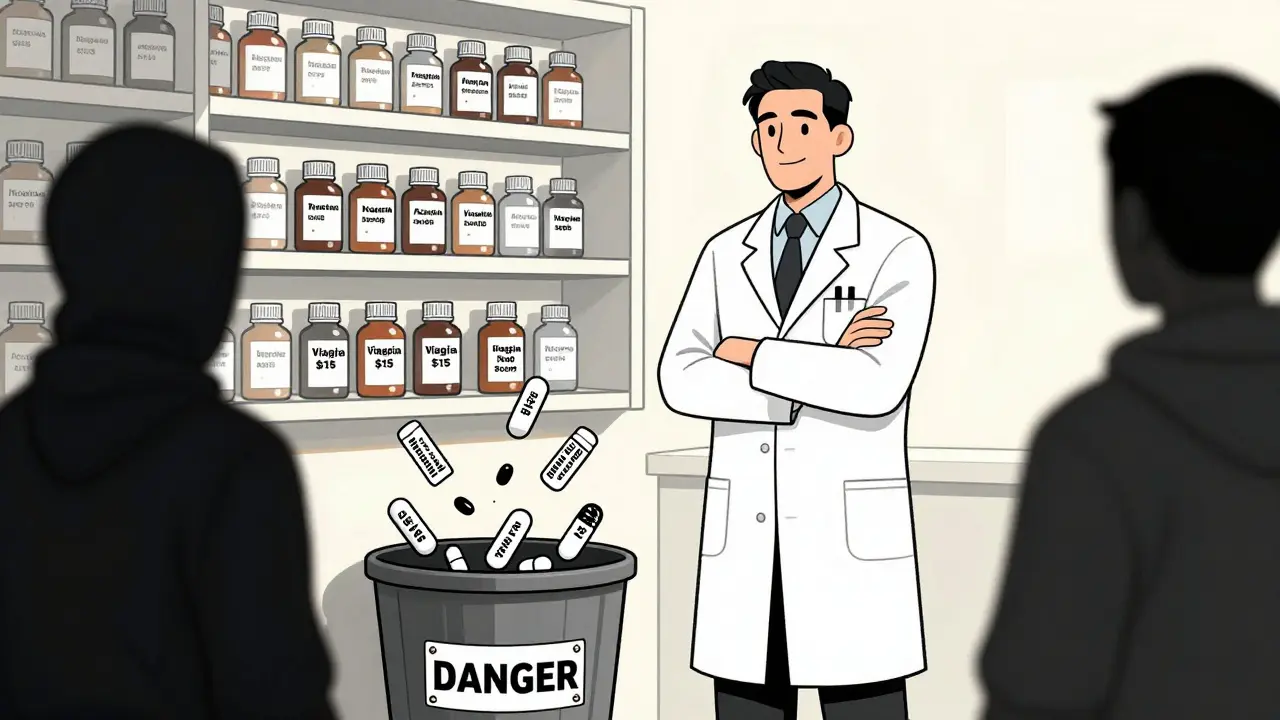 A pharmacist safely organizing verified medications while counterfeit pills are thrown away in a danger bin.