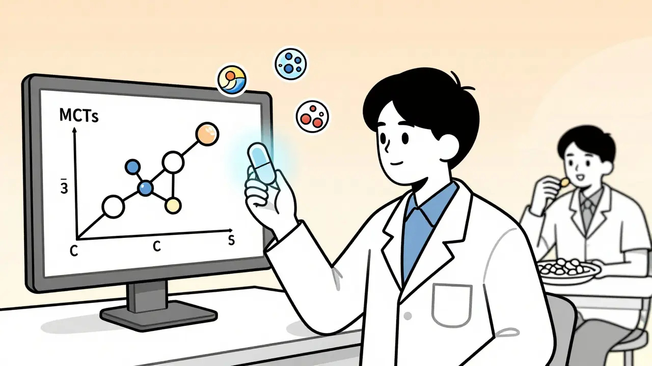 A scientist with a lipid capsule and phase diagram, symbolizing advanced drug formulation research.