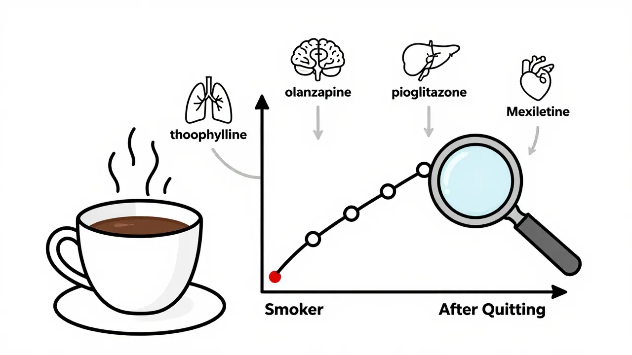 Caffeine test graph showing enzyme activity change after quitting smoking, with linked medications.