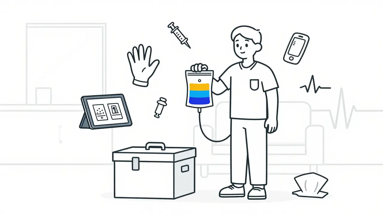 Caregiver handling home chemotherapy disposal with safety tools nearby