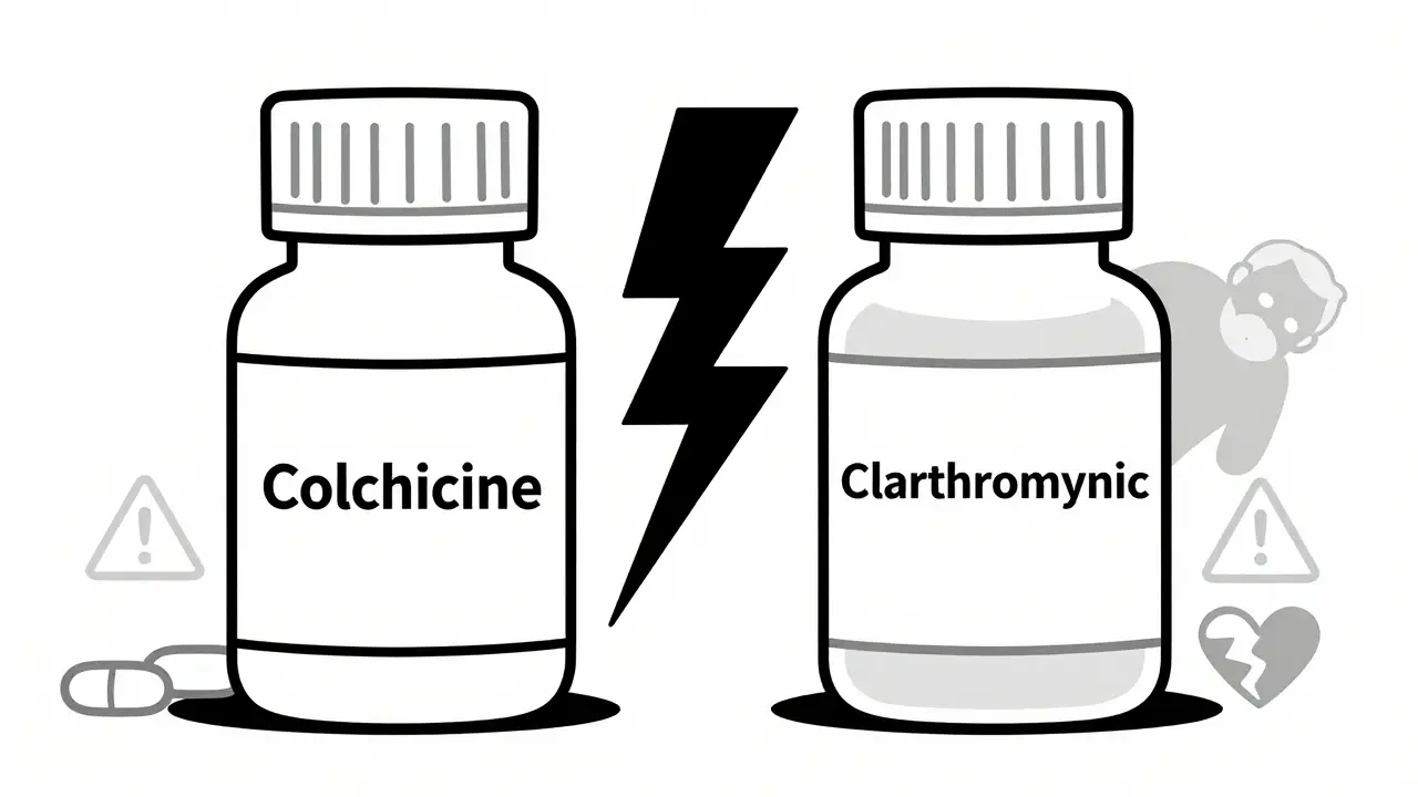 Colchicine and clarithromycin pills connected by a lightning bolt with elderly figure collapsing
