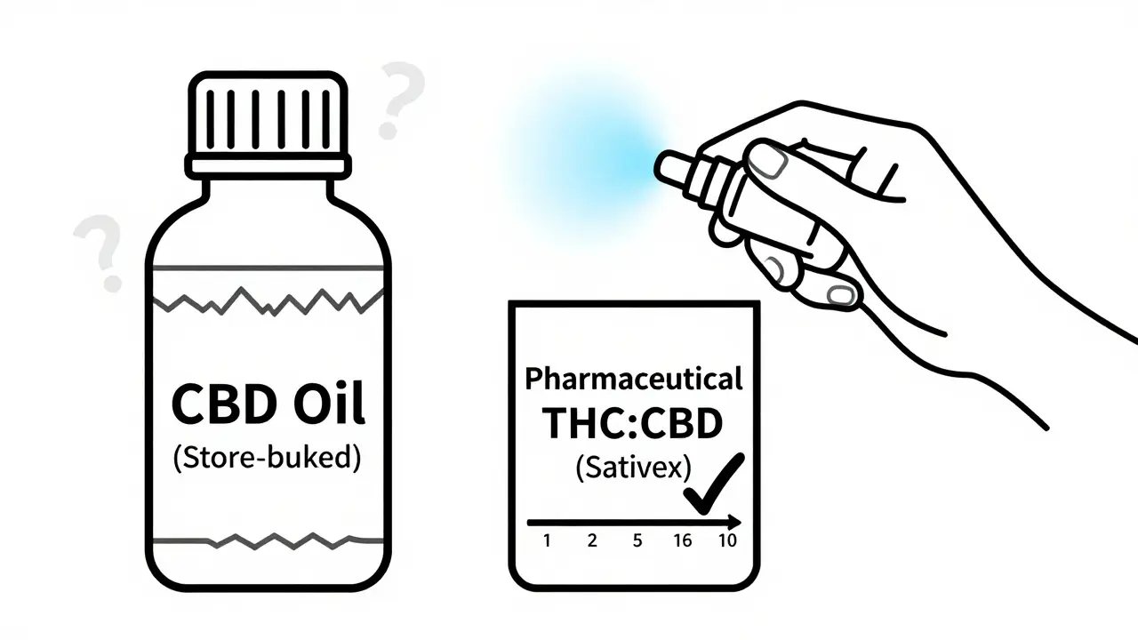 Contrast between unregulated CBD oil and pharmaceutical THC:CBD spray.