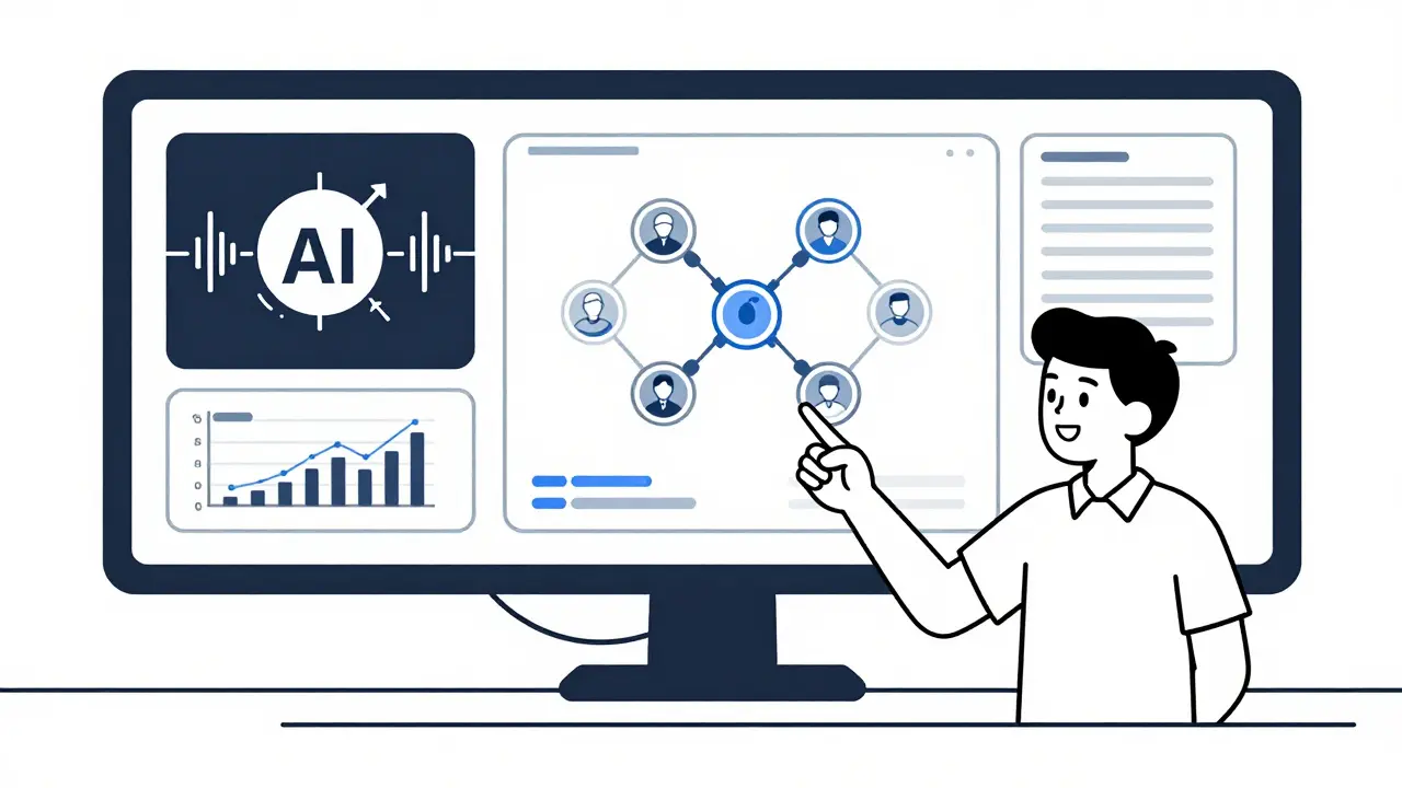Digital control room with AI and blockchain visuals, one employee monitoring quality data in real time.