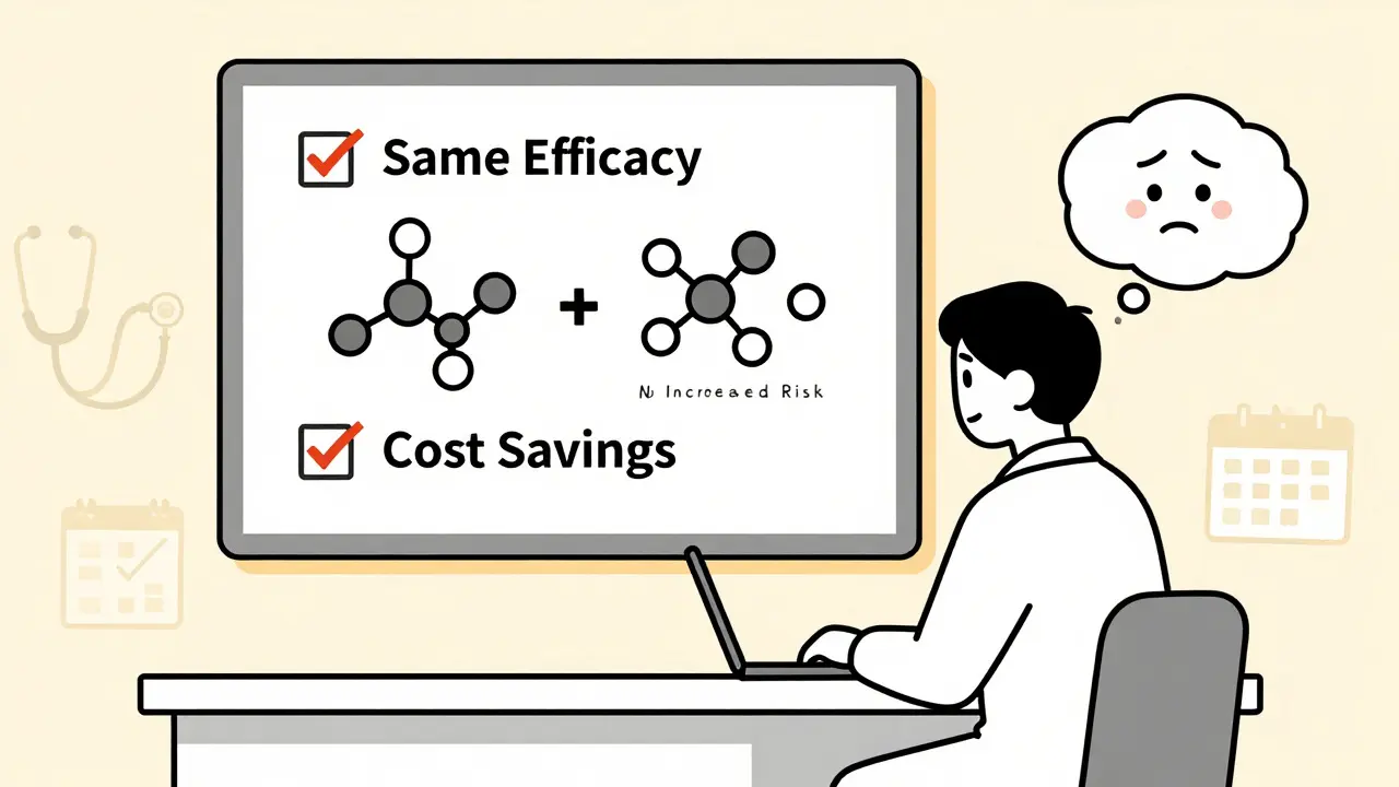 Doctor and patient reviewing molecular comparison chart during a calm clinic consultation.