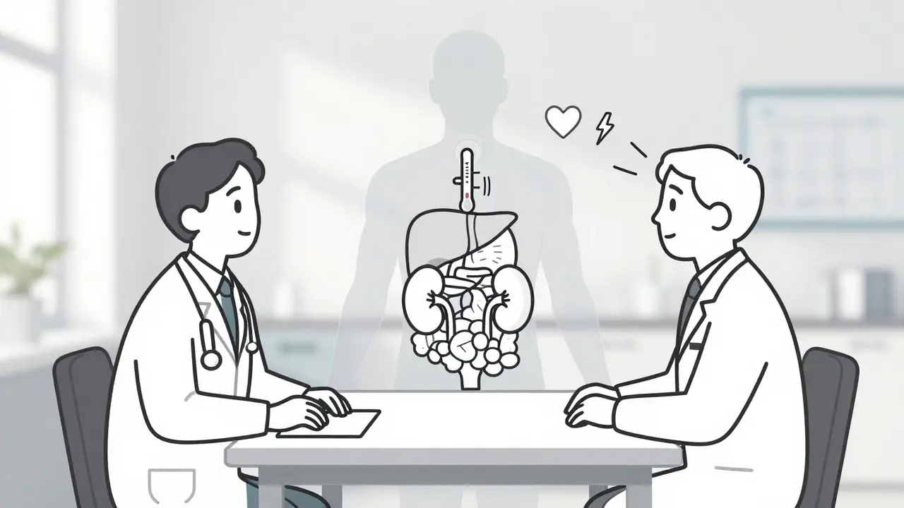 Doctor and patient with transparent body showing internal health markers related to bipolar meds.