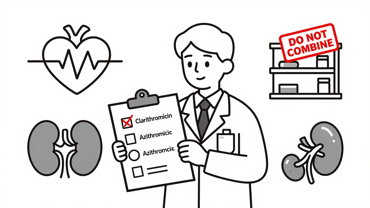 Doctor choosing azithromycin over clarithromycin surrounded by danger icons