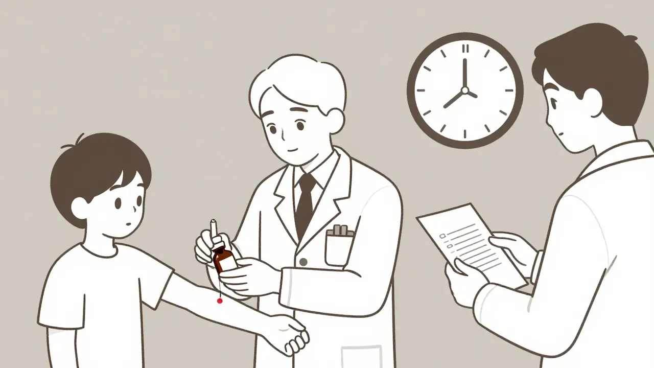 Doctor performing a skin test for penicillin allergy with a small red bump and a 10-year timeline icon