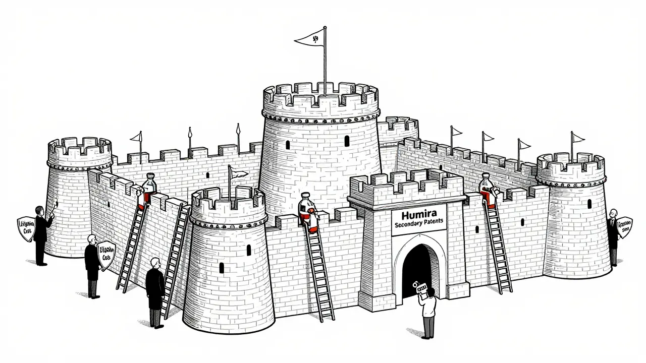 Fortress of patent documents blocking generic drug bottles, with a patient looking up at high prices.