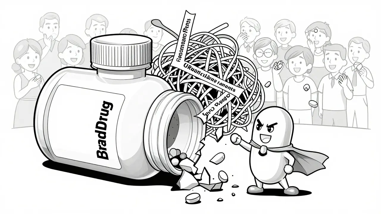 Generic drug capsule breaking open a brand-name bottle while patent thickets crumble, with patients holding affordable pills.