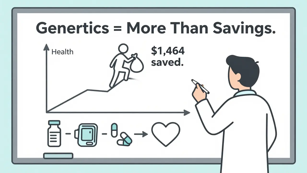 Healthcare provider illustrating how generics save money and improve health outcomes on a whiteboard.