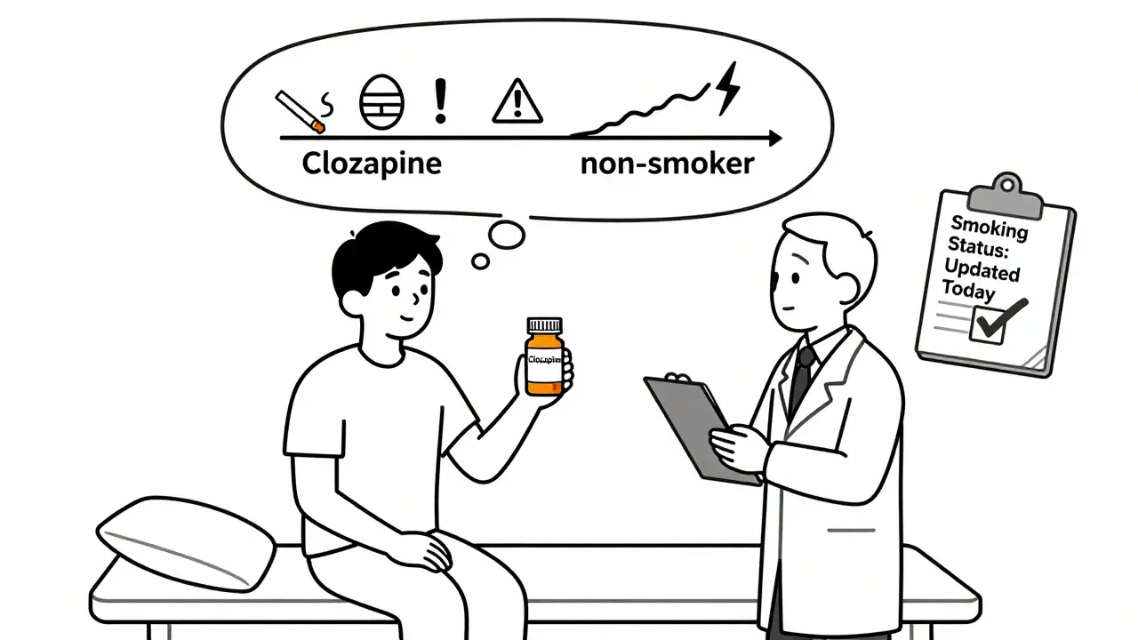 Patient and doctor discussing smoking’s effect on clozapine levels with visual timeline.