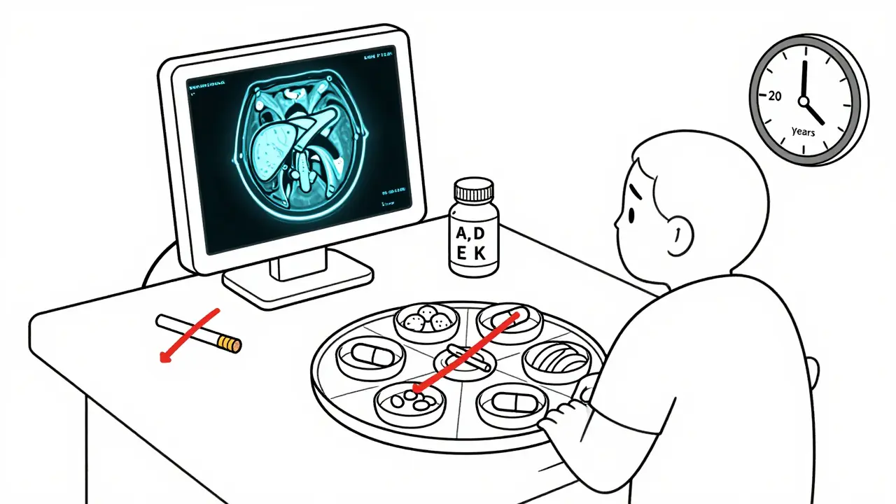 Patient eating small meals with enzyme capsules, MRI scan, and vitamins, illustrating long-term chronic pancreatitis care.