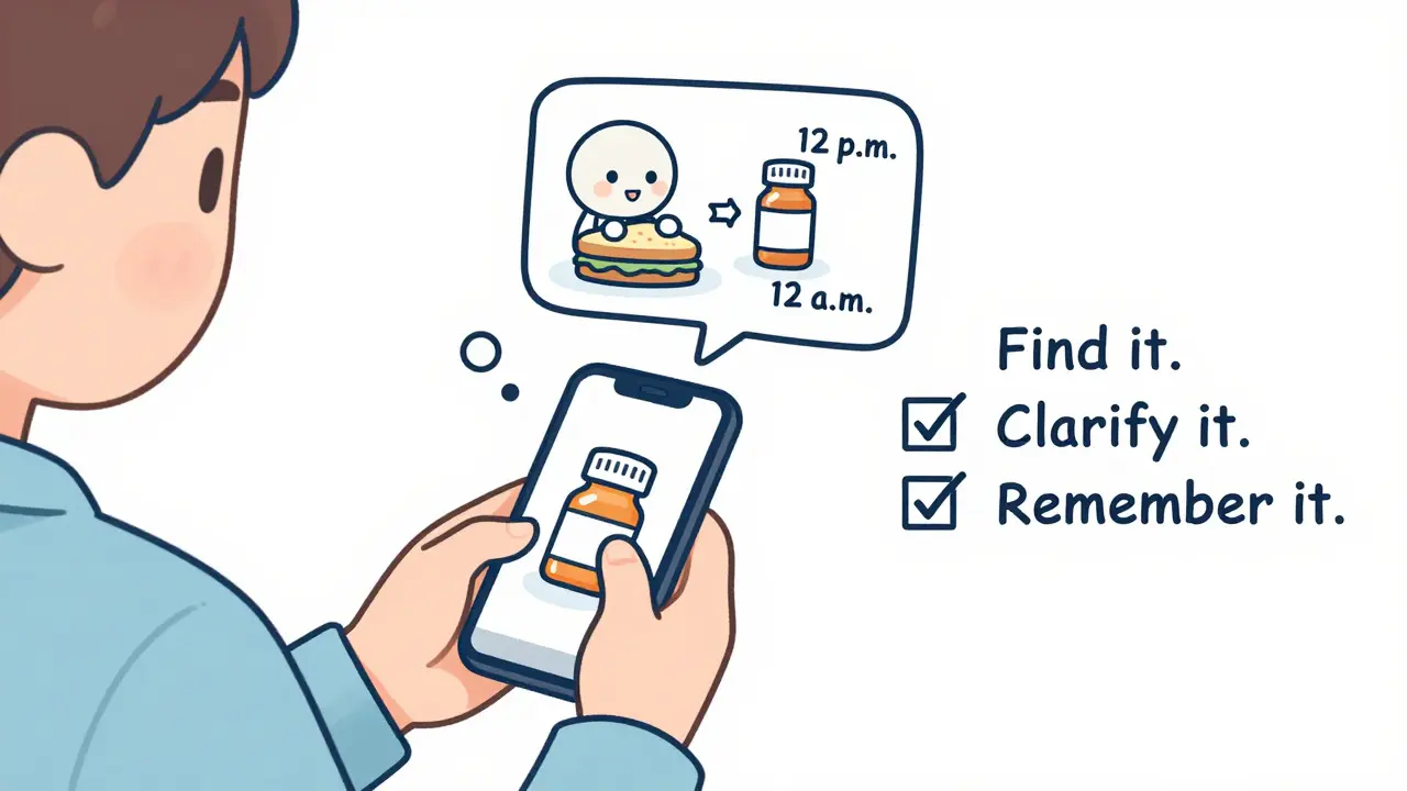 Patient scanning prescription bottle with phone, seeing animated guide on how to take medication correctly.
