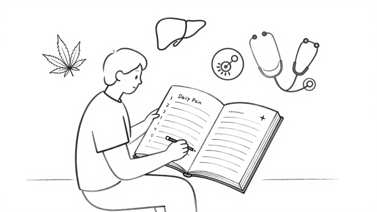 Patient tracking pain levels with medical symbols floating above.