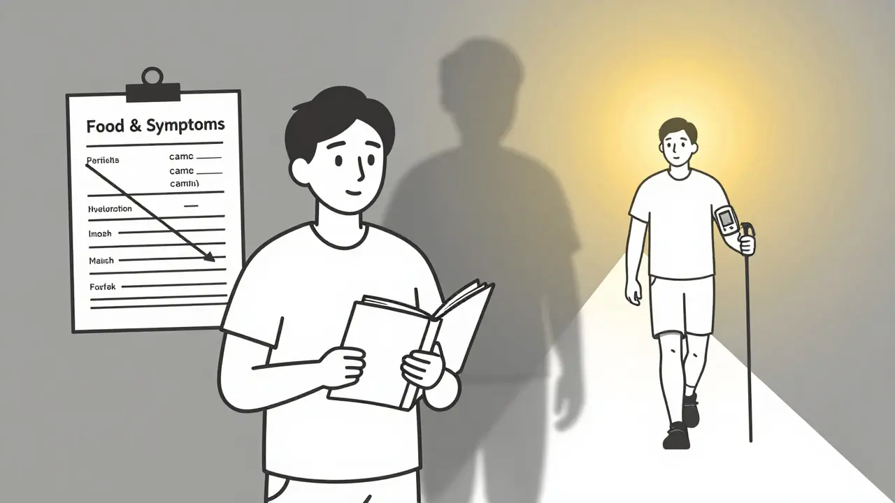 Patient tracking symptoms while moving toward health, with cancer shadow and glucose monitor in background.