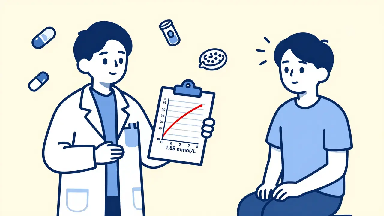 Patient unaware as lithium level spikes to 1.88 after medication switch, with warning symbols nearby.