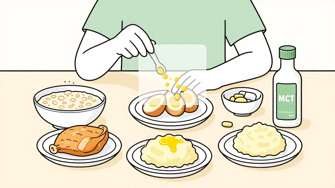 Person eating small meals with MCT oil and enzymes, representing nutritional management for chronic pancreatitis.