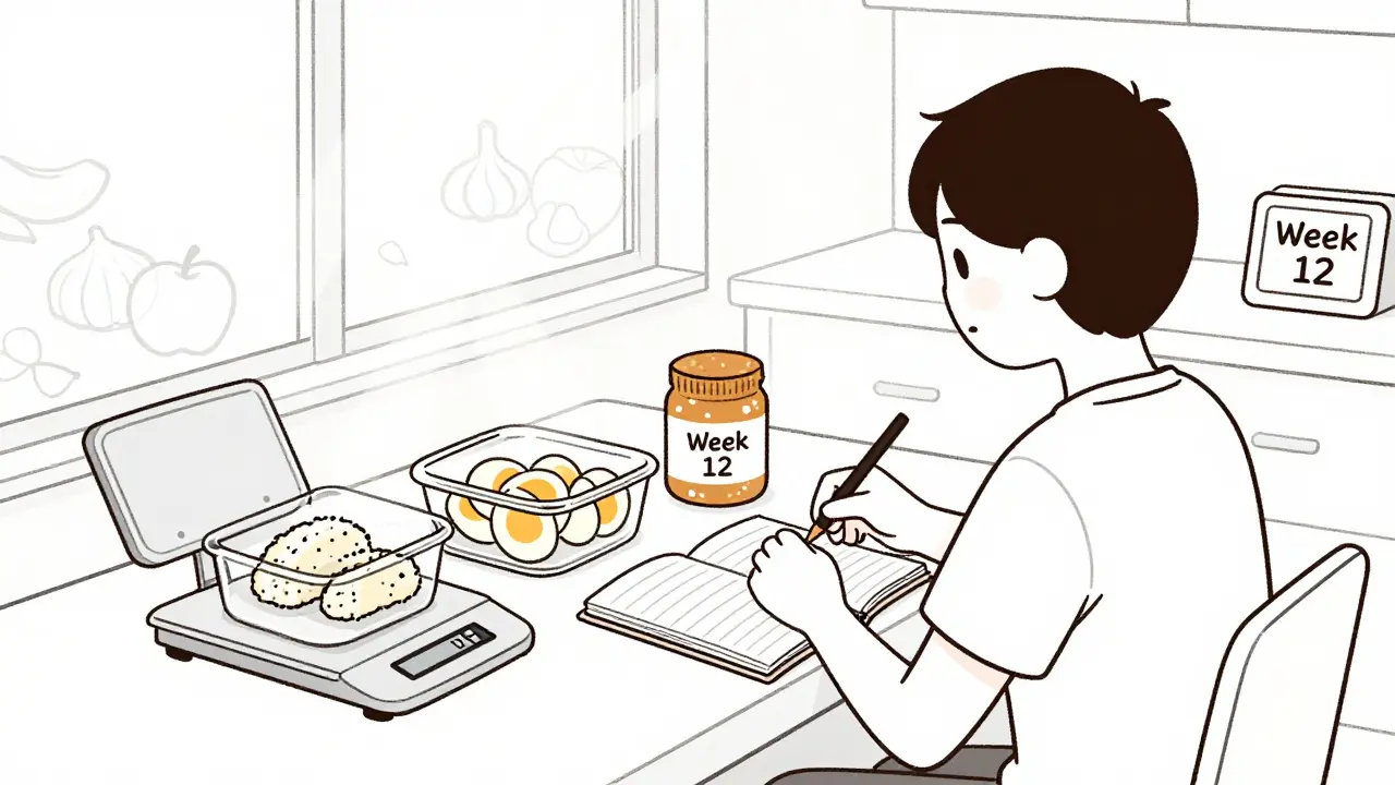 Person meal prepping with food scale and journal, symbols of recovered dietary freedom in background.